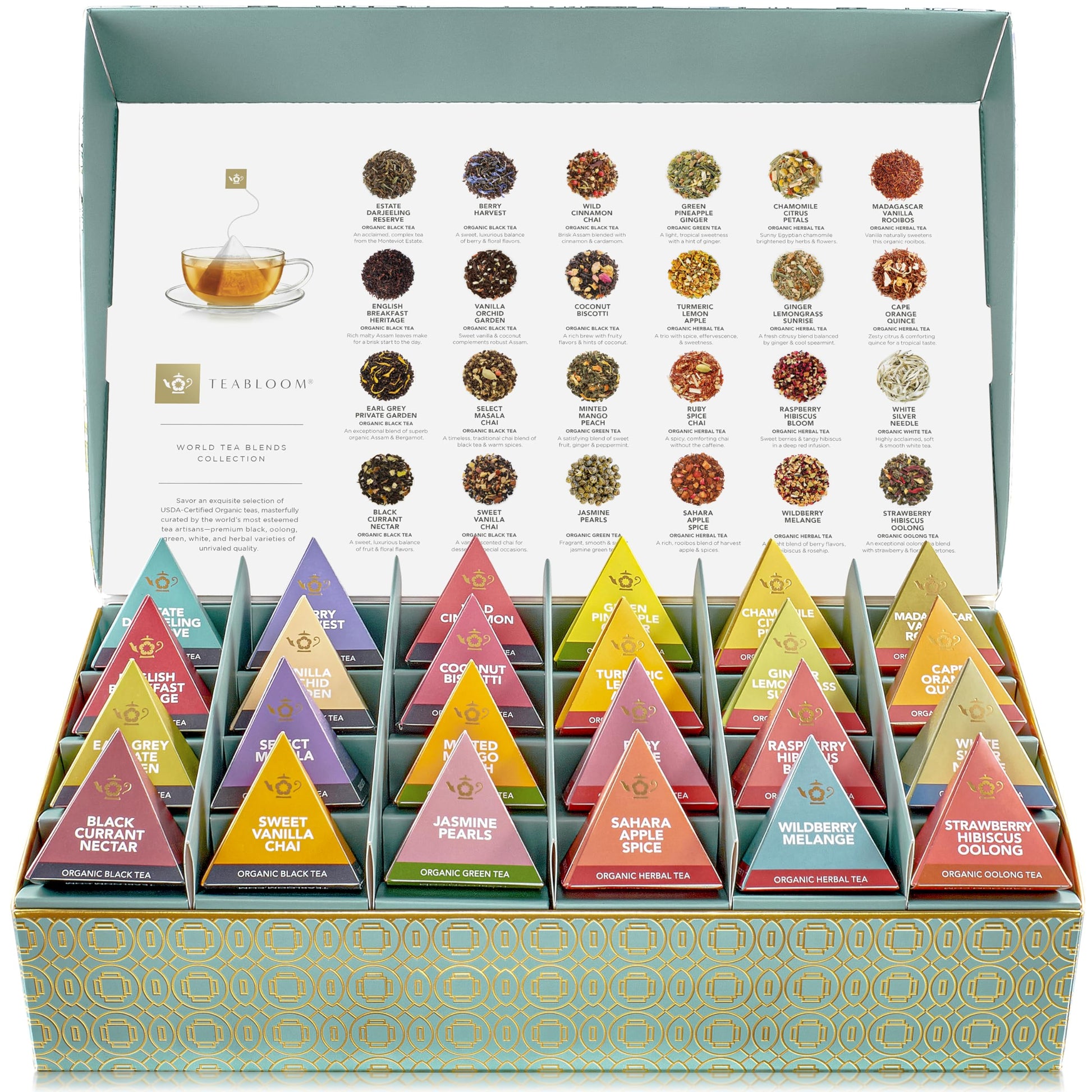 Teabloom - World's Finest Pyramid Tea Collection, 24 Varieties of USDA Certified Organic & Kosher Teas - Black Tea, Green Tea, White Tea, Oolong Tea, and Herbal/Fruit Tea Blends