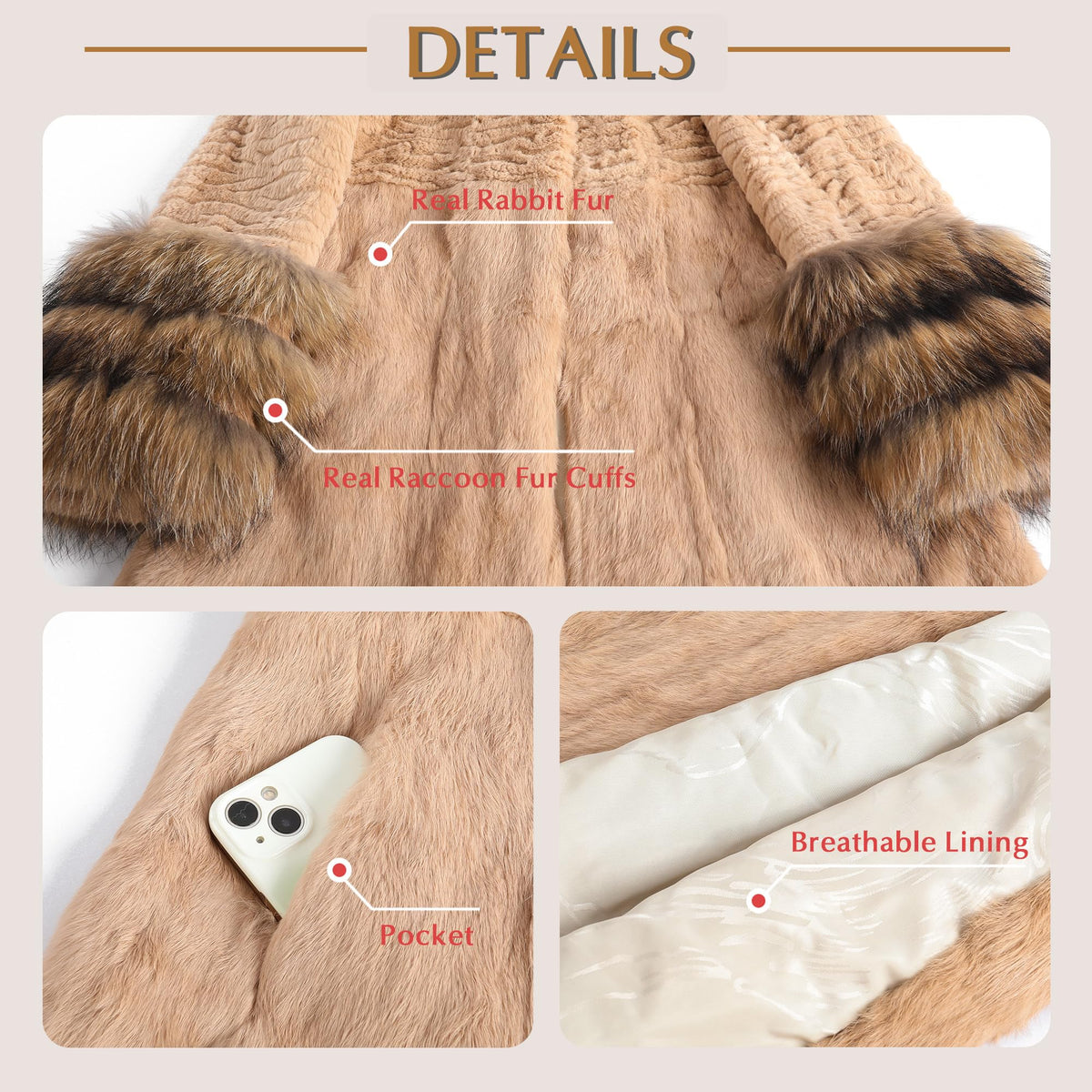 Fur Story Women's Genuine Rabbit Fur Coat With Fox Fur Cuffs Warm Winter Coat Black Long Jacket