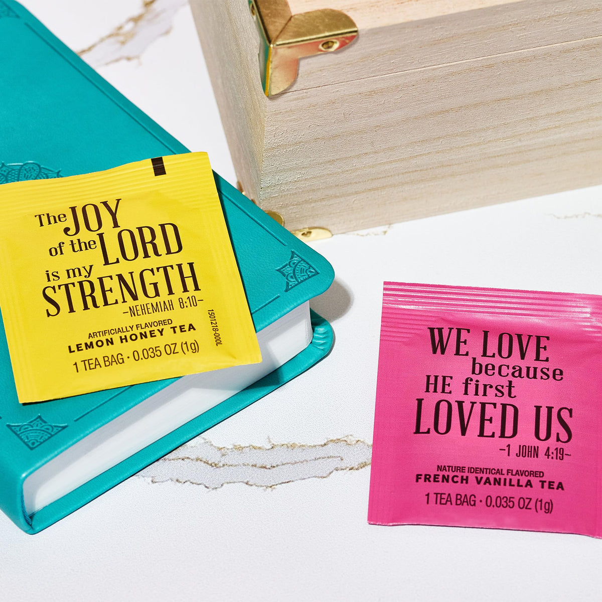 Thoughtfully Gourmet, Tea Affirmations Christian Prayer Gift Set, Includes 6 Flavours of Tea with Bible Verses from Psalms and Other Books to Rejoice, Pack of 90