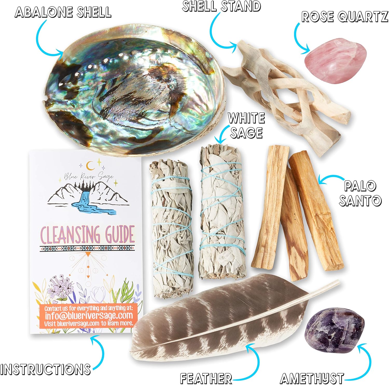 Home Cleansing & Smudging Kit with White Sage, Palo Santo, Abalone & Stand, Smudge Feather & Guide - Smudge Kit with Sage Smudge Sticks