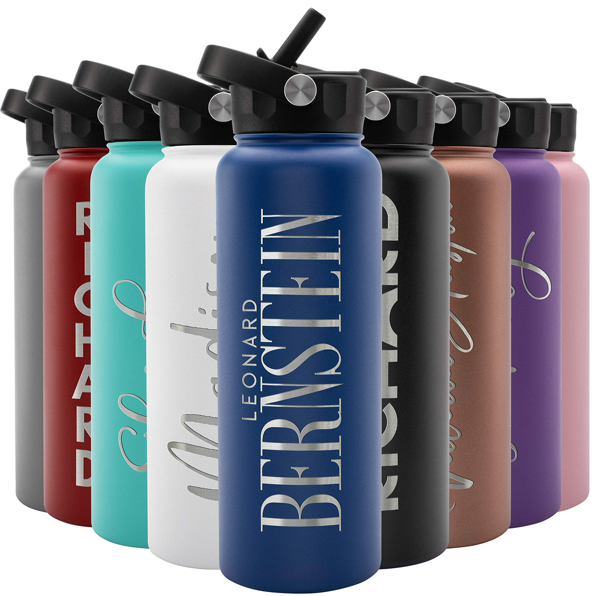 Amazing Items Personalized Water Bottle w/Straw & Lid, 18 oz - Black | Custom Stainless Steel Sports Water Bottle w/Name and Text - Double Wall, Vacuum Insulated - Rotating Handle