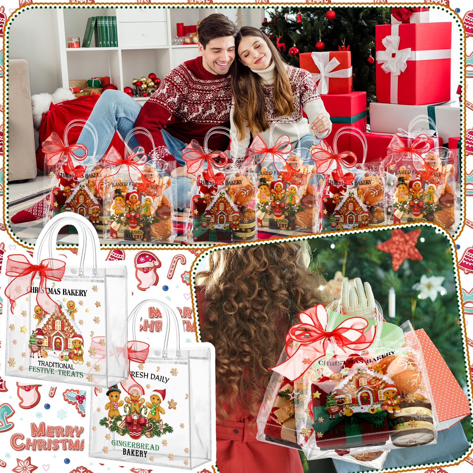 Motipuns 24 Pcs Christmas Clear PVC Gift Bags with Handles and Ribbon African American Black Santa Claus Party Favor Reusable Plastic Candy Treat Tote Bags for Merry New year Xmas Birthday Supplies